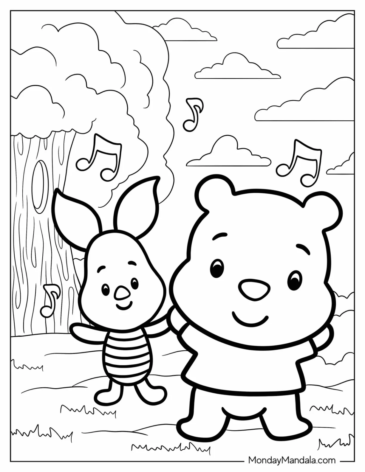 Kawaii Piglet Coloring Page With Winnie The Pooh For Preschoolers coloring page — printable line art
