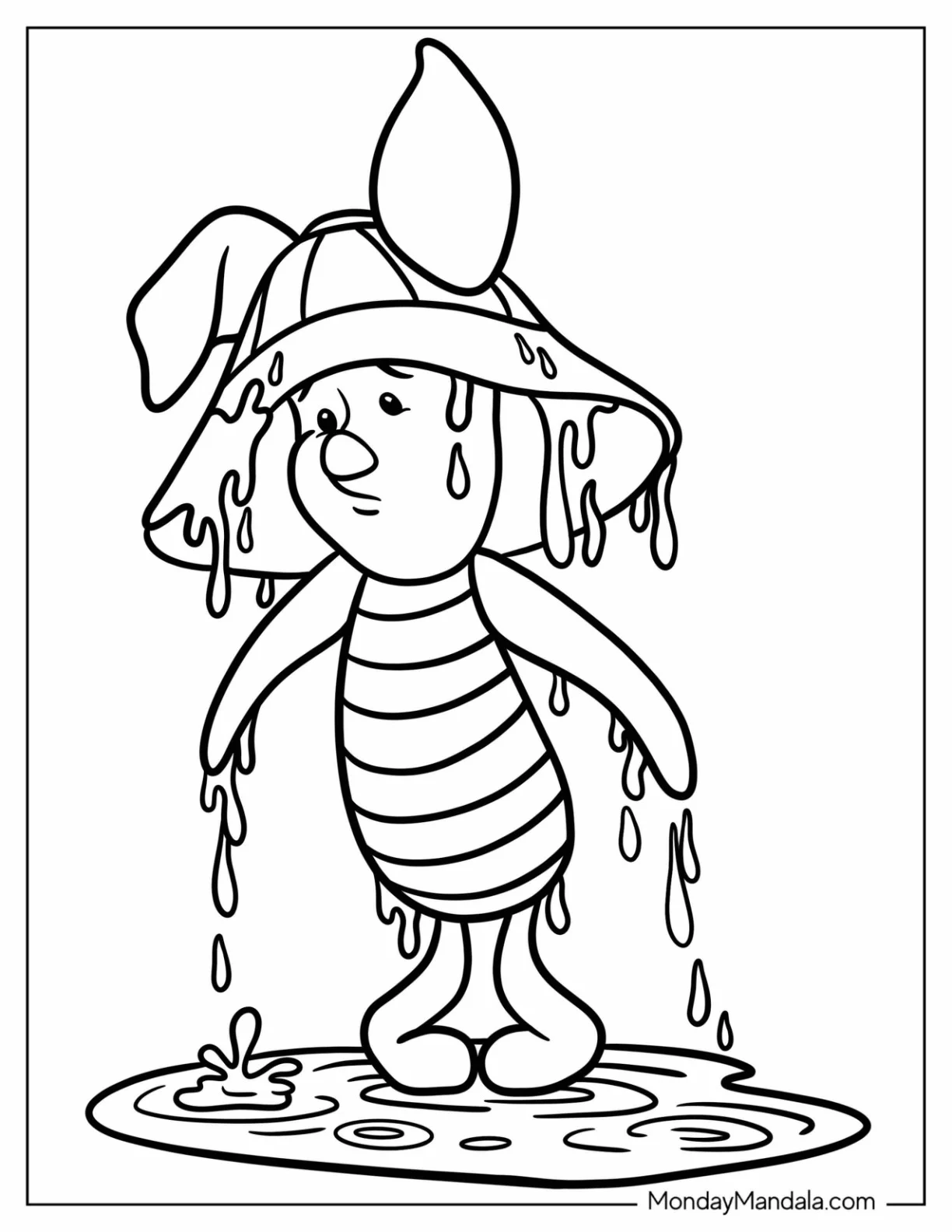 Piglet Coloring Page In A Hat Dripping Wet With Rain coloring page
