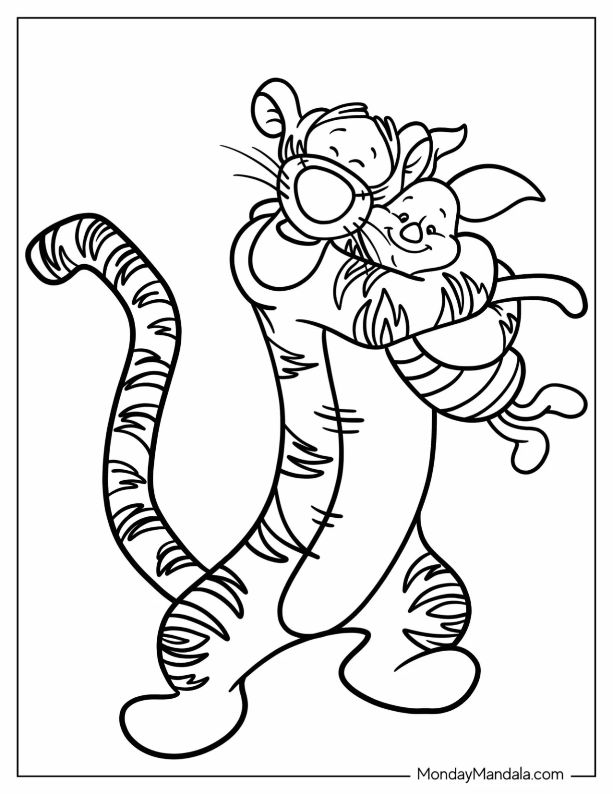 Tiger Hugging Piglet Coloring Page coloring page — printable line art