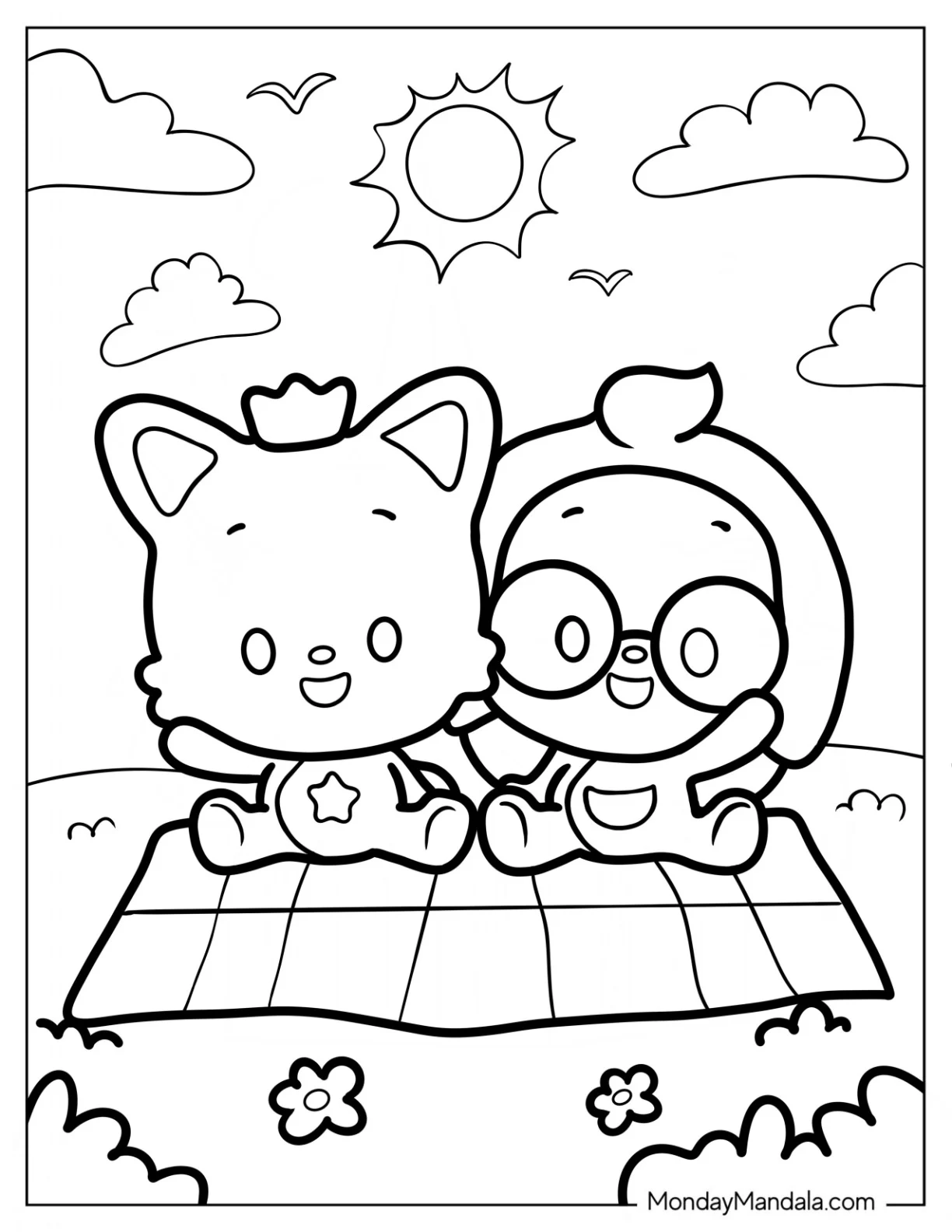 Chibi Pinkfong Coloring Page And Hogi Sitting On A Picnic Mat coloring page