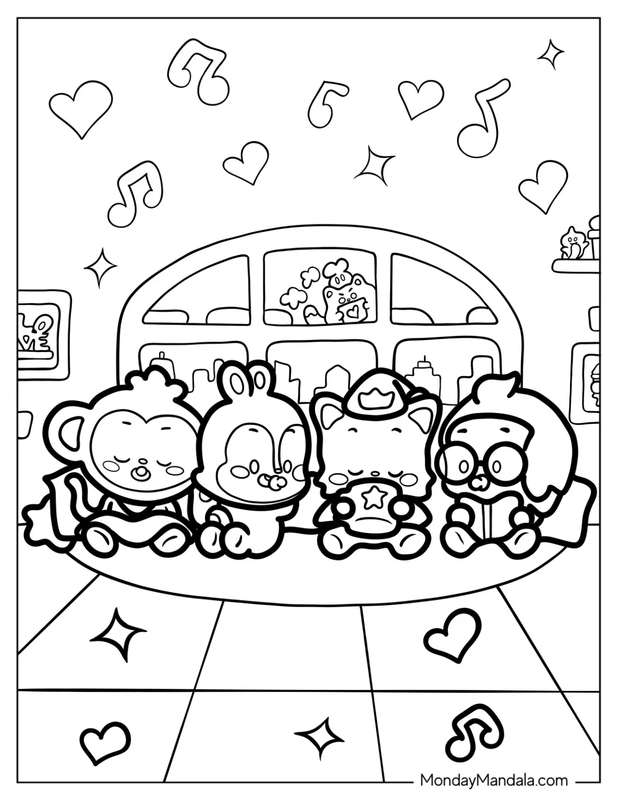 Cute Chibi Poki, Jeni, Hogi, And Pinkfong Coloring Page coloring page — printable line art