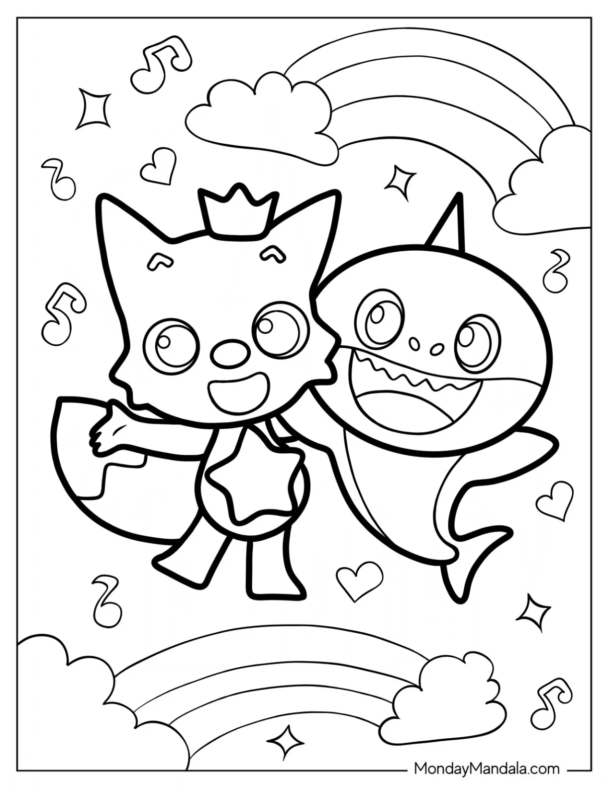 Kawaii Pinkfong Coloring Page With Baby Shark For Kids coloring page — printable line art
