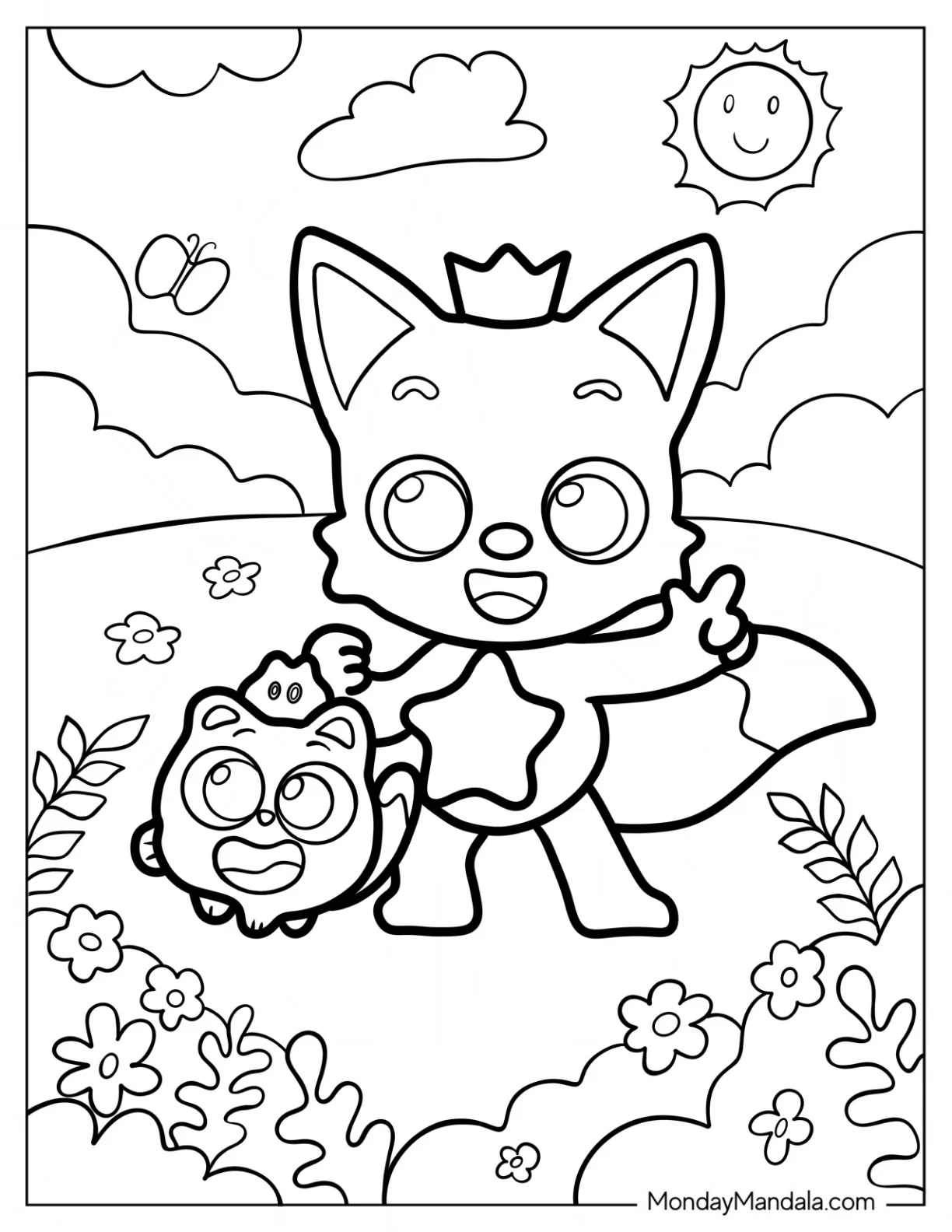 Ninimo And Pinkfong Coloring Page On A Field coloring page — printable line art