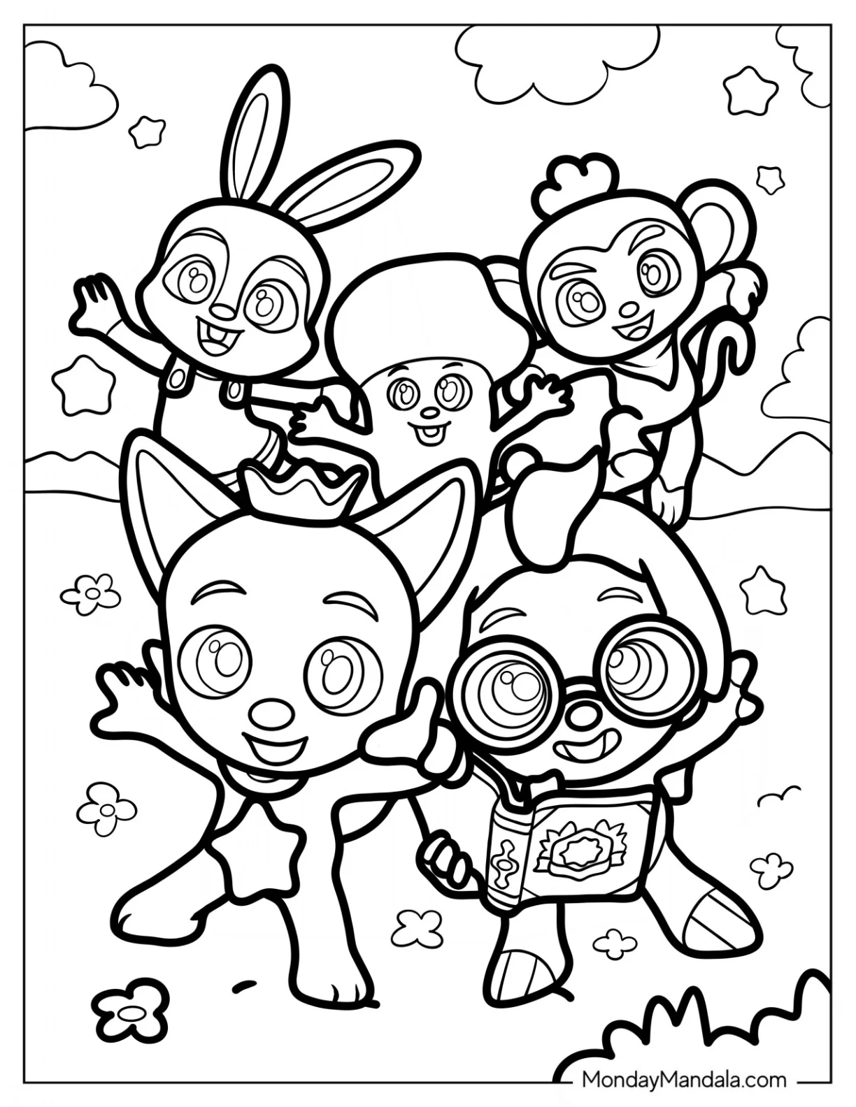 Pinkfong Coloring Page, Hogi, Jeni, Myan, And Poki coloring page