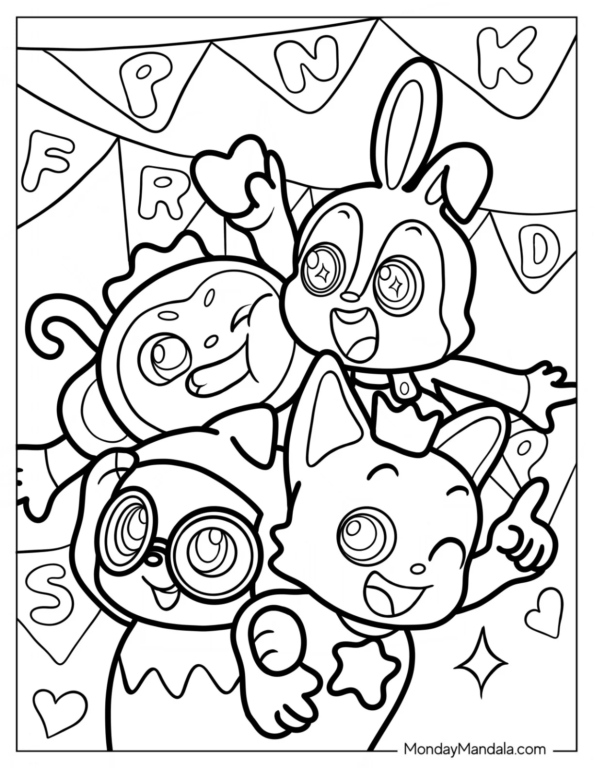 Pinkfong Coloring Page In A Party With Hogi, Jeni, And Poki coloring page