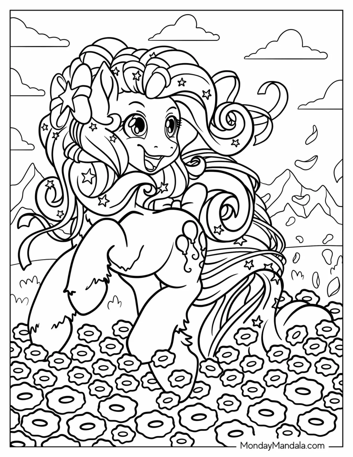 Beautiful Pinkie Pie Coloring Page With Flowing Mane On A Flower Field coloring page