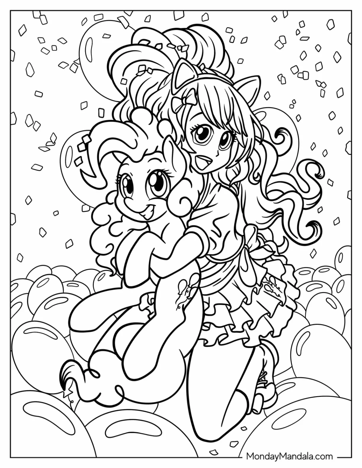 Equestria Girls Pinkie Pie Hugging Pony Pinkie Pie Coloring Page coloring page — printable line art
