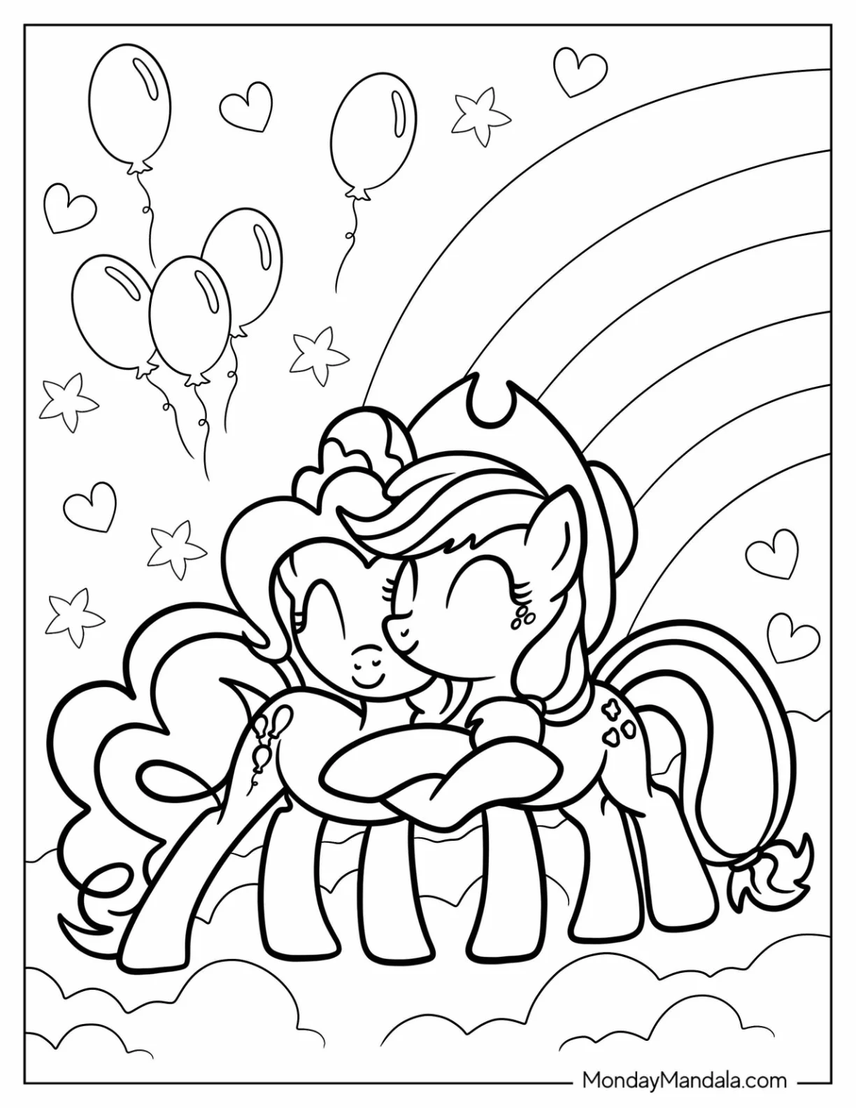 Pinkie Pie Coloring Page And Applejack Hugging On A Cloud coloring page — printable line art