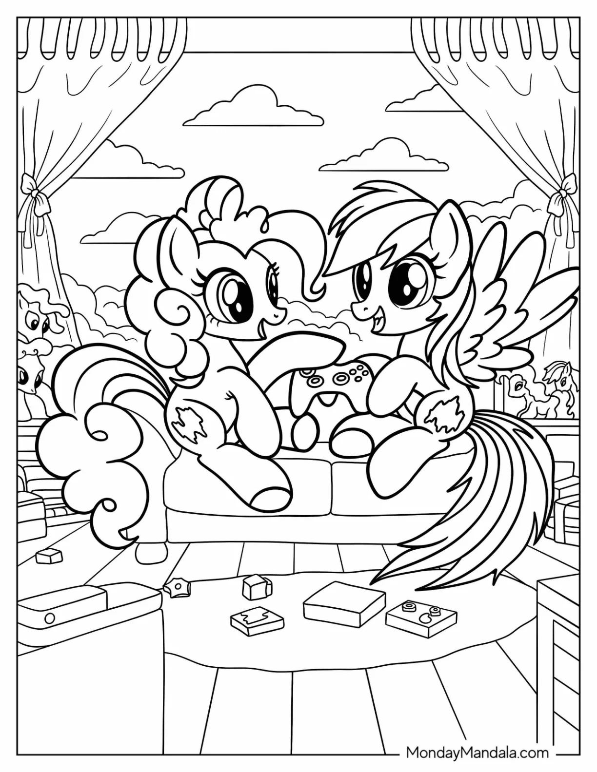 Pinkie Pie Coloring Page And Rainbow Dash Playing Video Games coloring page