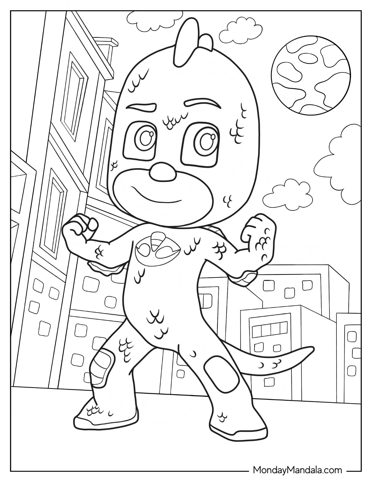 Detailed PJ Masks Coloring Page Of Gekko In City coloring page — printable line art