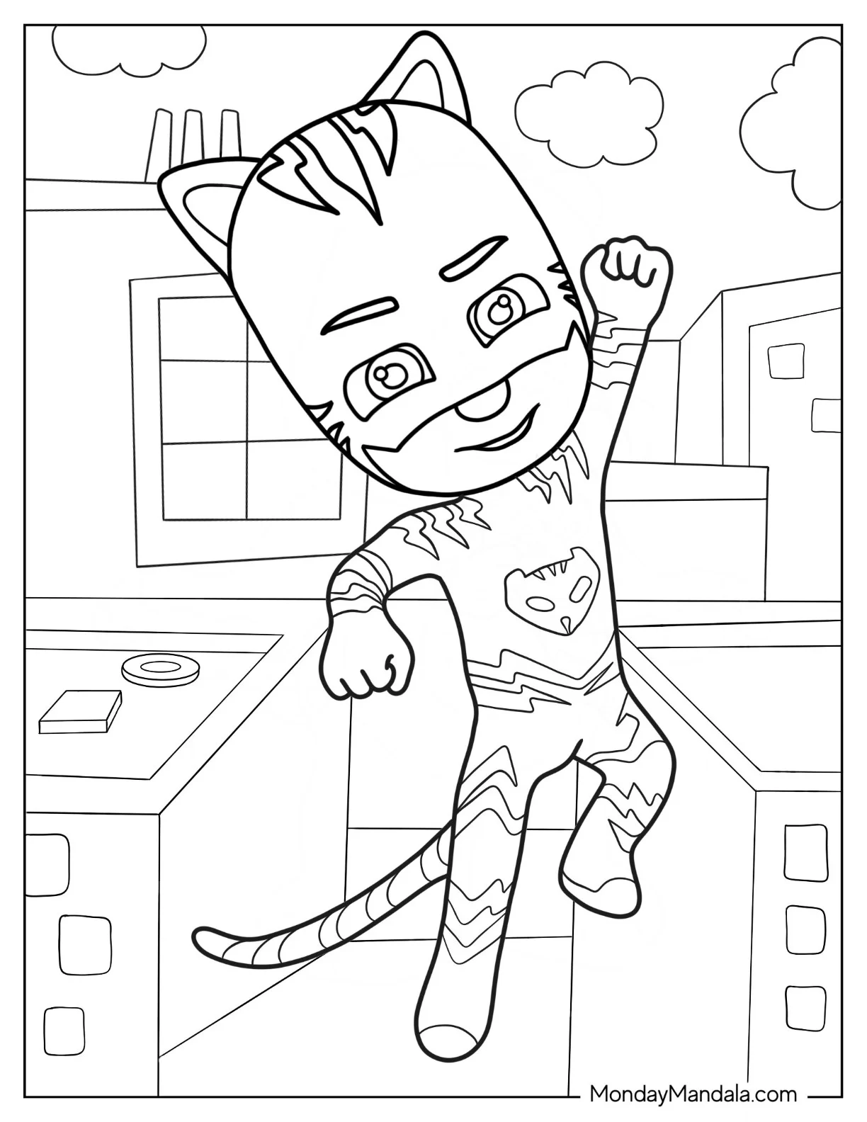 PJ Masks Coloring Page Of Catboy Fist Bump While Jumping coloring page
