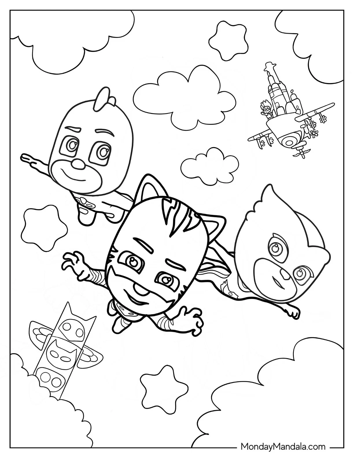 PJ Masks Coloring Page Of Catboy, Gekko, And Oweltte Flying In The Sky coloring page