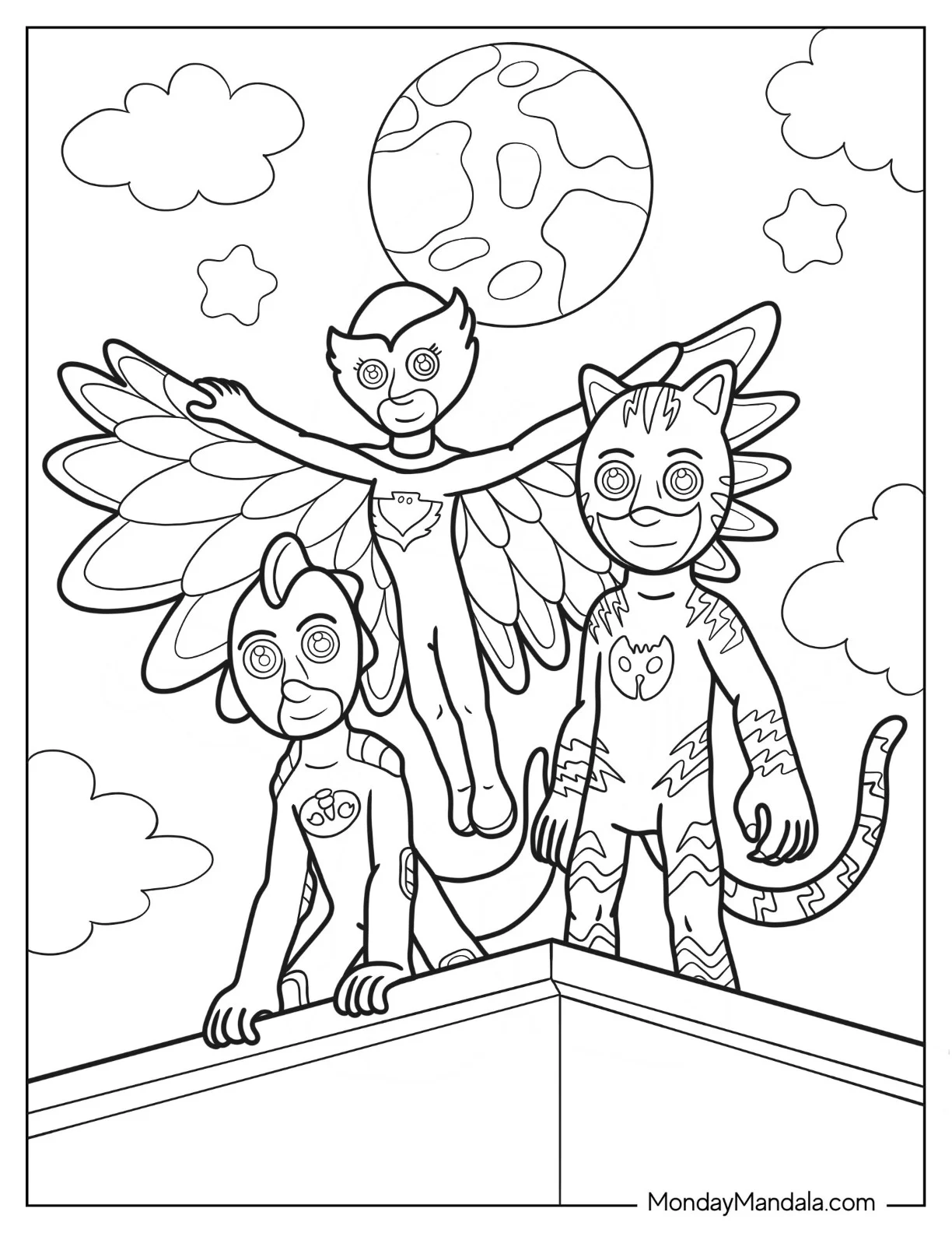 PJ Masks Coloring Page Of Gekko, Catboy, And Owelette In The Night Sky coloring page — printable line art