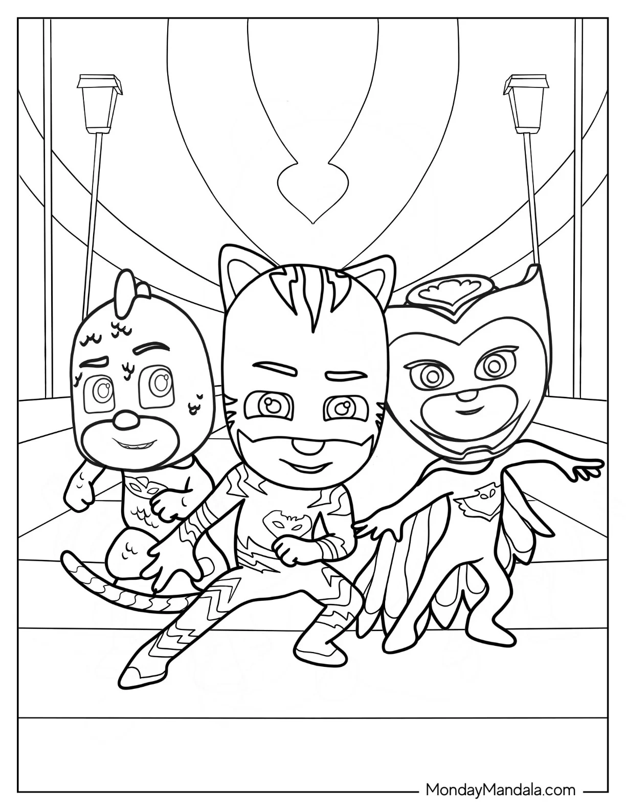 PJ Masks Coloring Page Of  Gekko, Owlette, And Catboy Poster coloring page