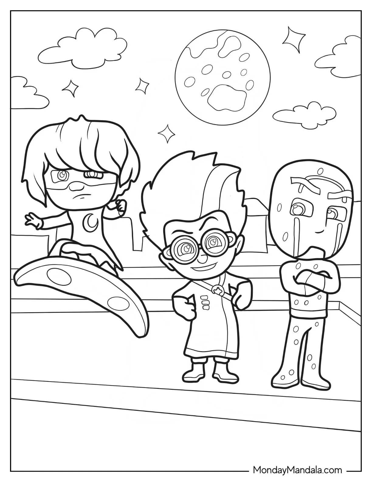 PJ Masks Coloring Page Of Luna Girl, Romeo, And Night Ninja On Rooftop At Night coloring page