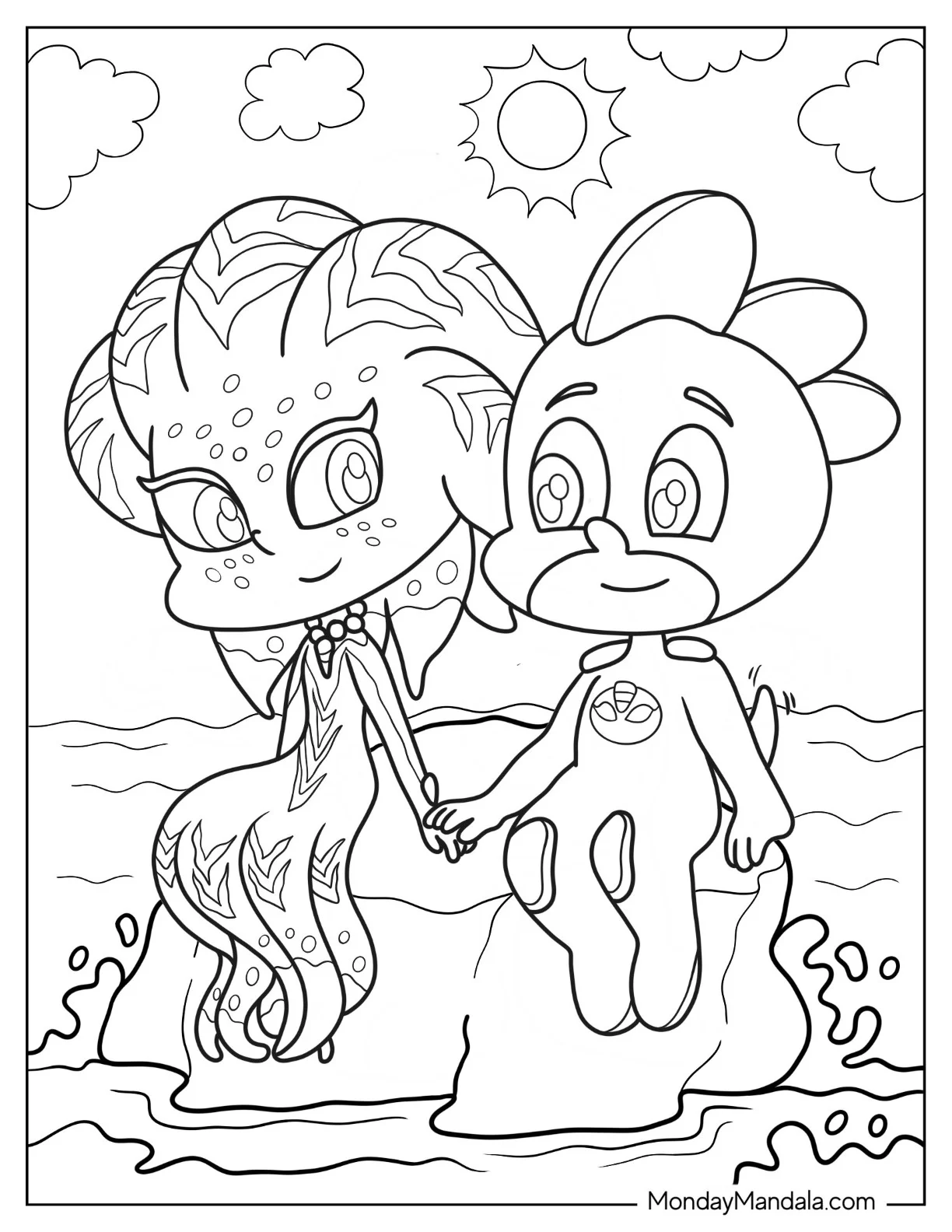 PJ Masks Coloring Page Of Octobella Holding Hands With Gekko On Rock coloring page — printable line art