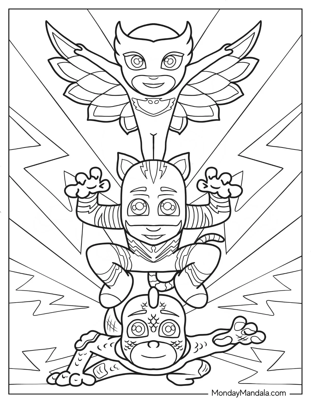 PJ Masks Coloring Page Of Owlette, Catboy, And Gekko In Fighting Stance coloring page — printable line art