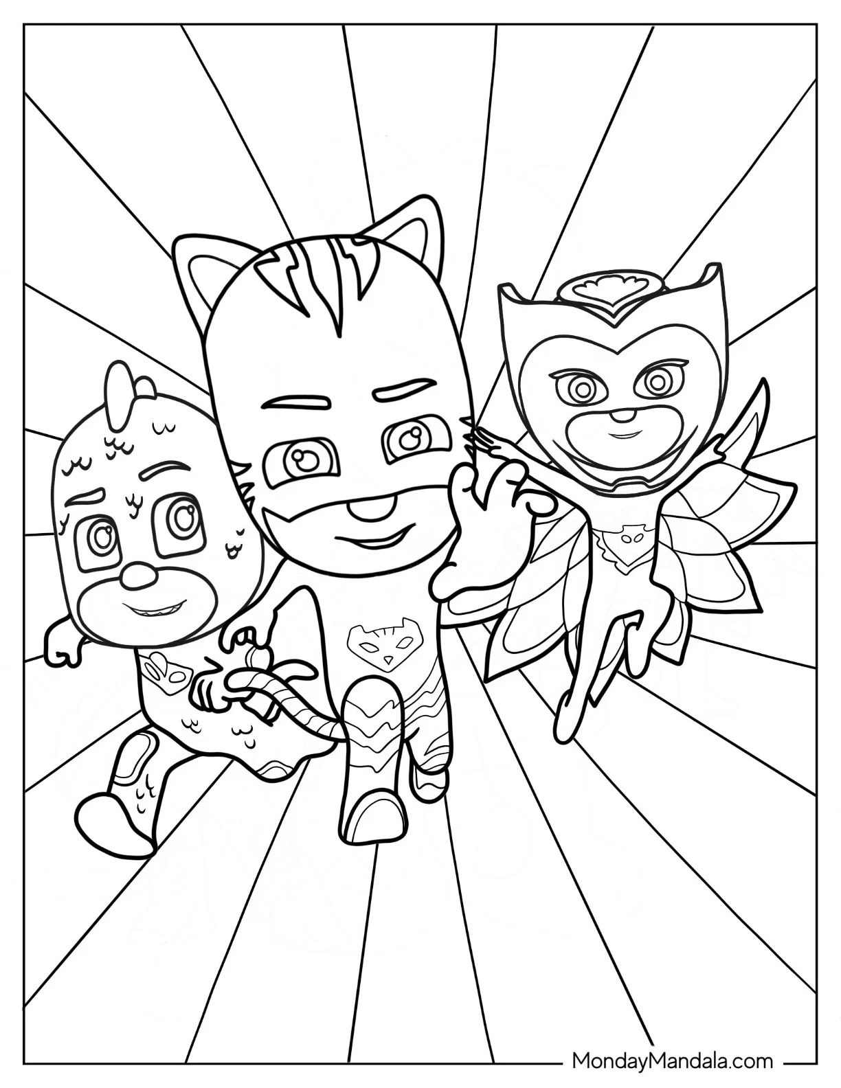 PJ Masks Coloring Page Of Owlette, Catboy, And Gekko Running Fast coloring page