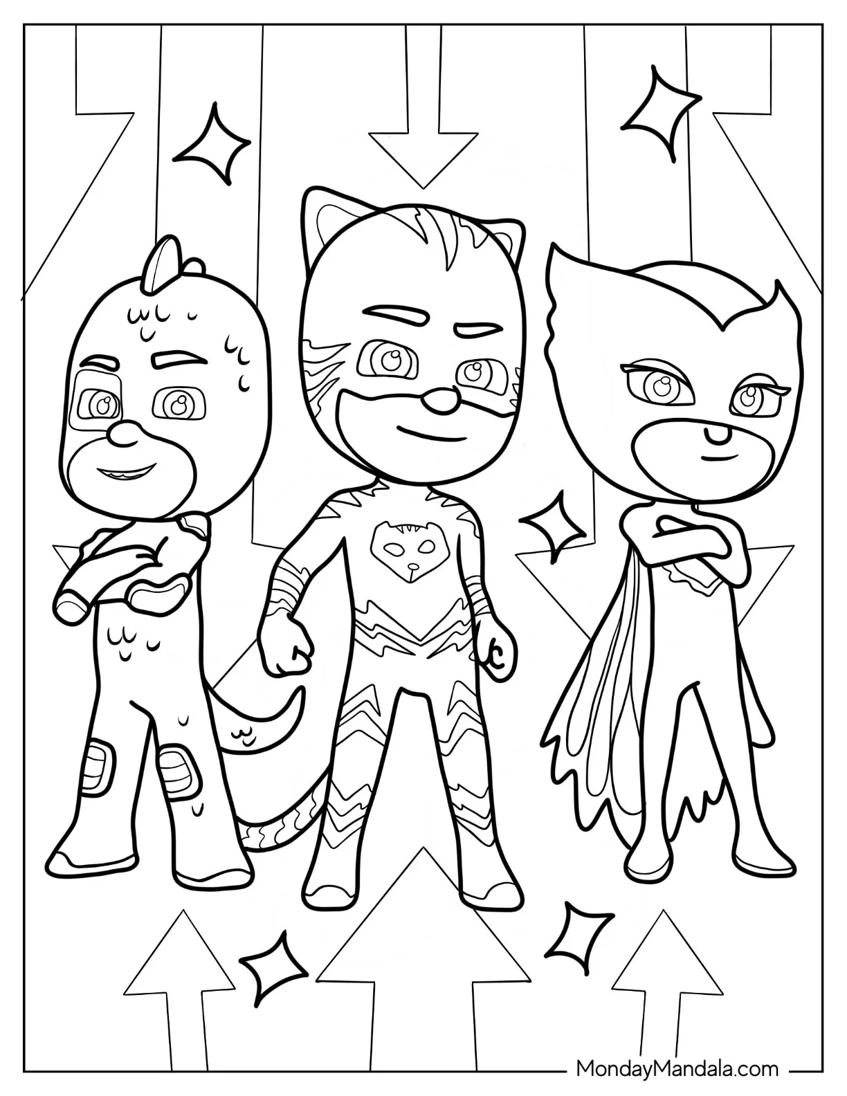 PJ Masks Coloring Page Of Simple Owlette, Gekko, And Catboy Standing With Arms Crossed coloring page