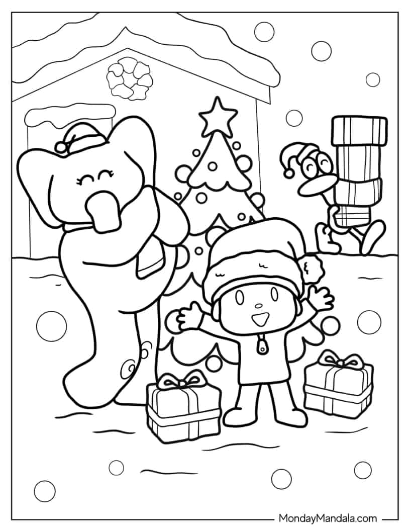 Coloring Page Of Pocoyo, Elly, and Pato On Christmas Day coloring page — printable line art