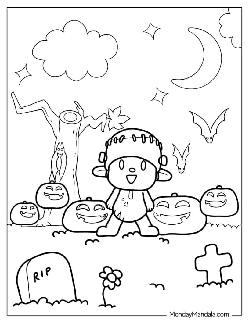 Halloween Pocoyo With Jack-O-Lanterns And Bats Coloring Sheet coloring page