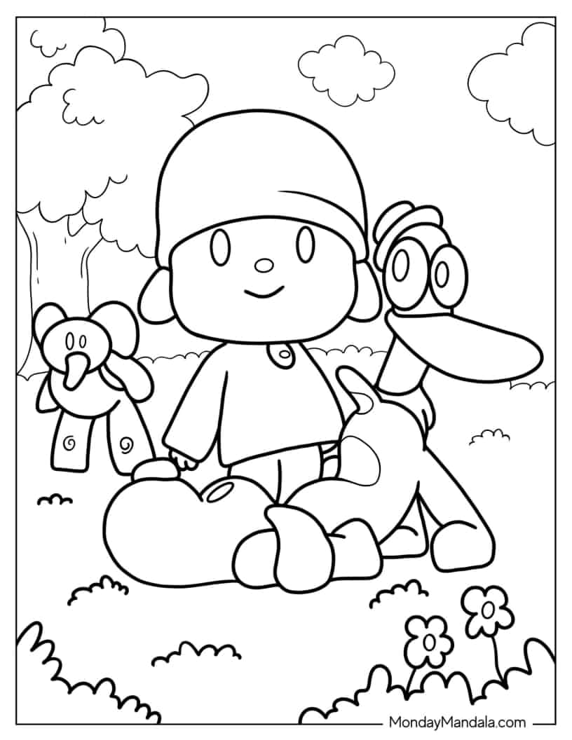 Kawaii Pocoyo, Elly, Pato, and Loula Coloring Sheet coloring page — printable line art