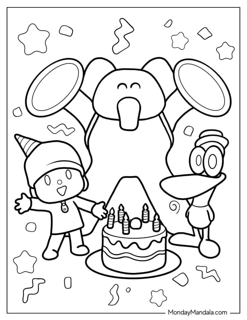 Pocoyo, Elly, and Pato Around A Birthday Cake Coloring Page coloring page — printable line art