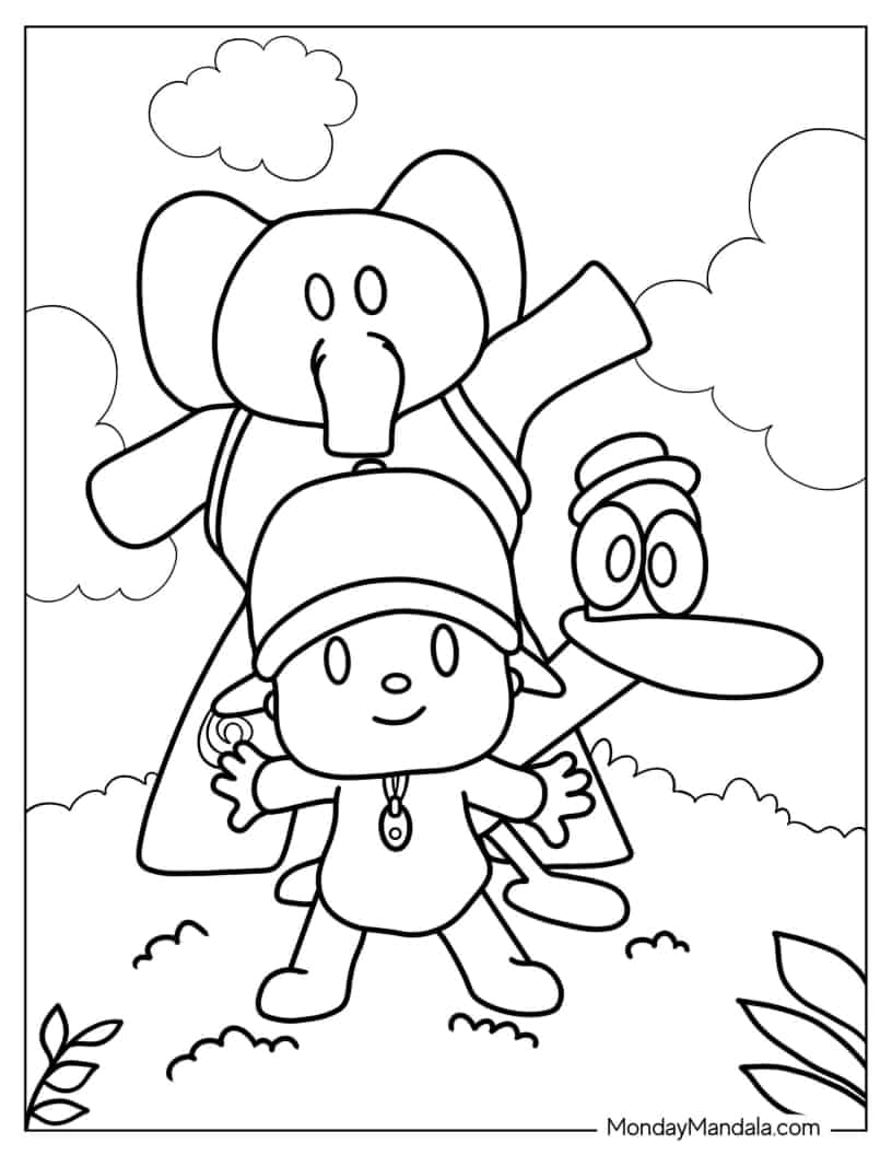 Pocoyo, Elly, And Pato Playing In A Field coloring page