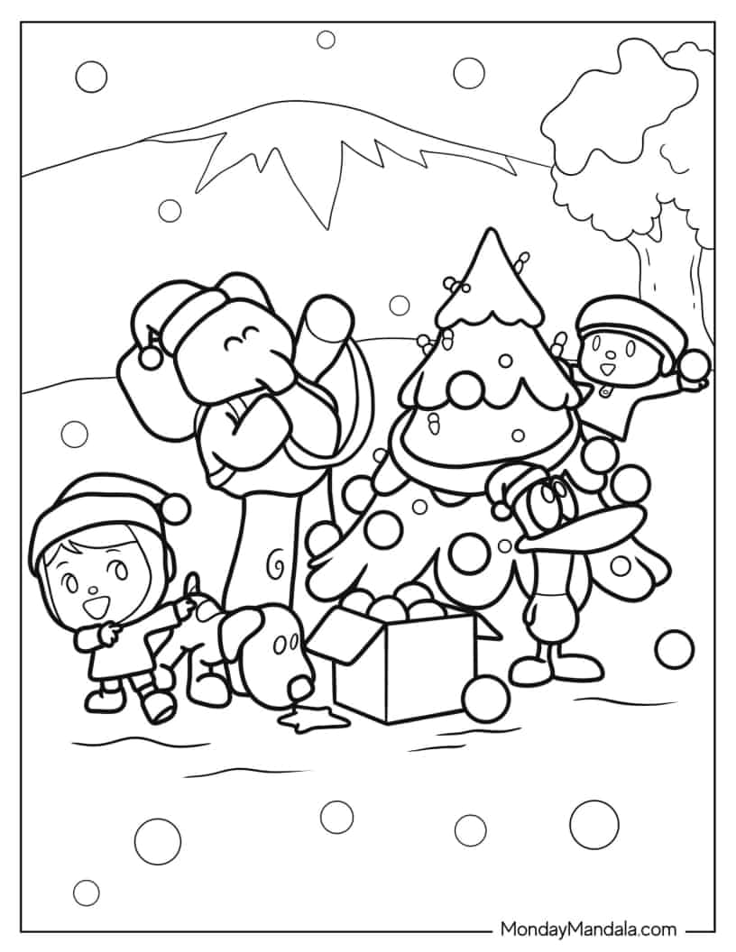 Pocoyo, Elly, Loula, Pato, and Nina Decorating Christmas Tree Coloring In coloring page