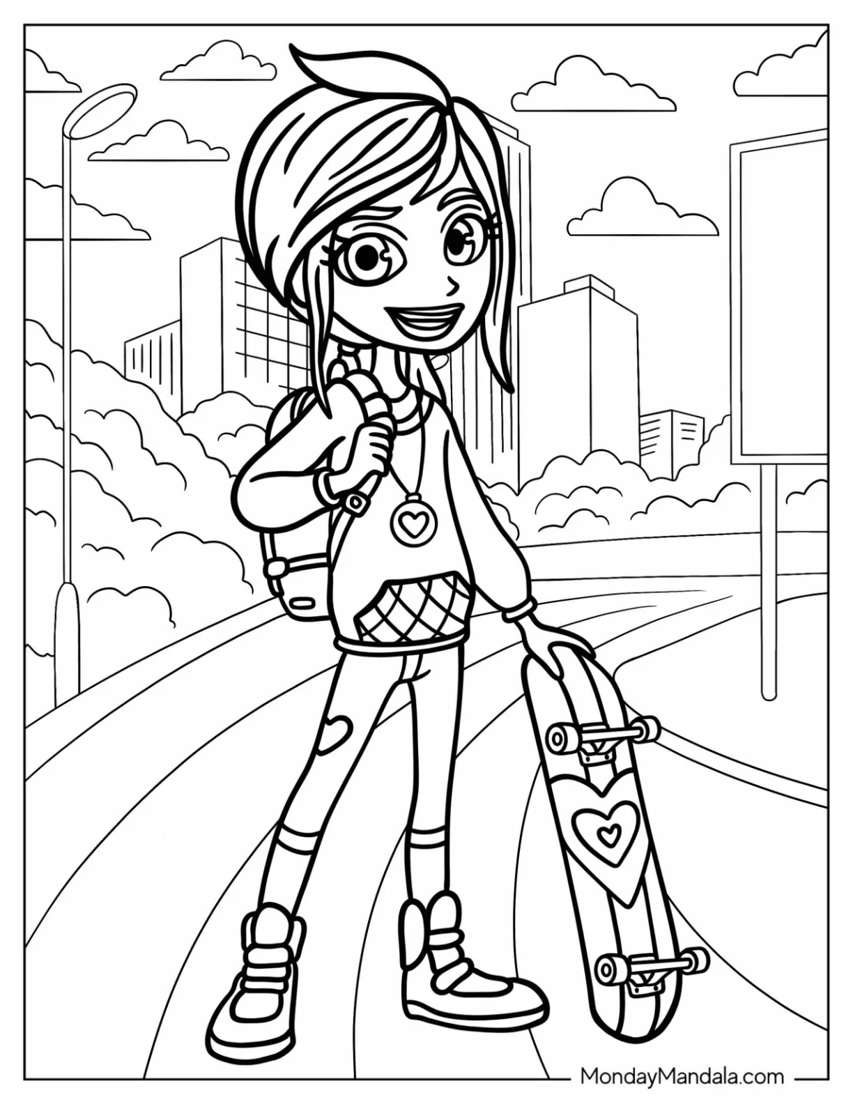 Easy Polly Pocket Coloring Page Holding Skateboard coloring page