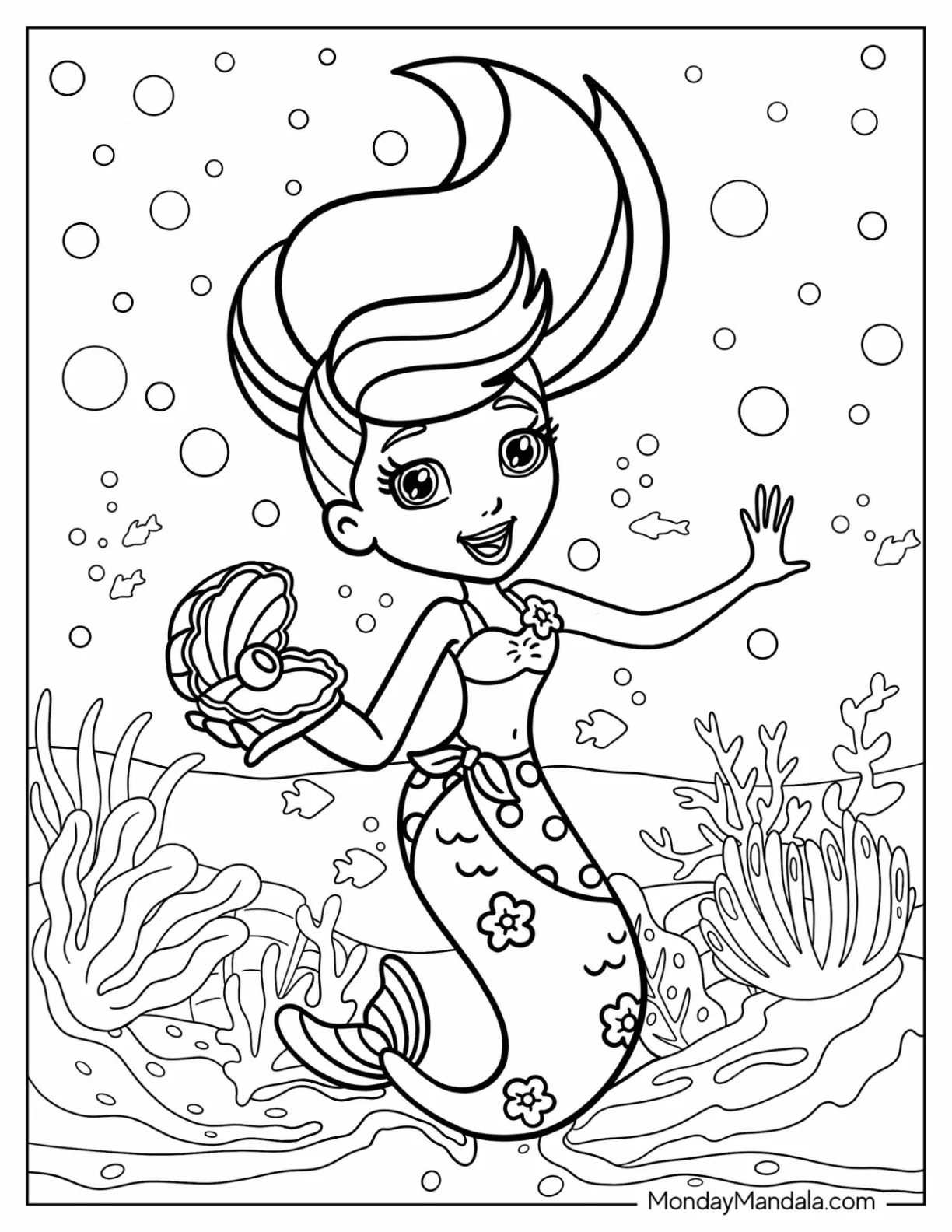 Mermaid Polly Pocket Coloring Page Holding Mussel With Pearl coloring page — printable line art