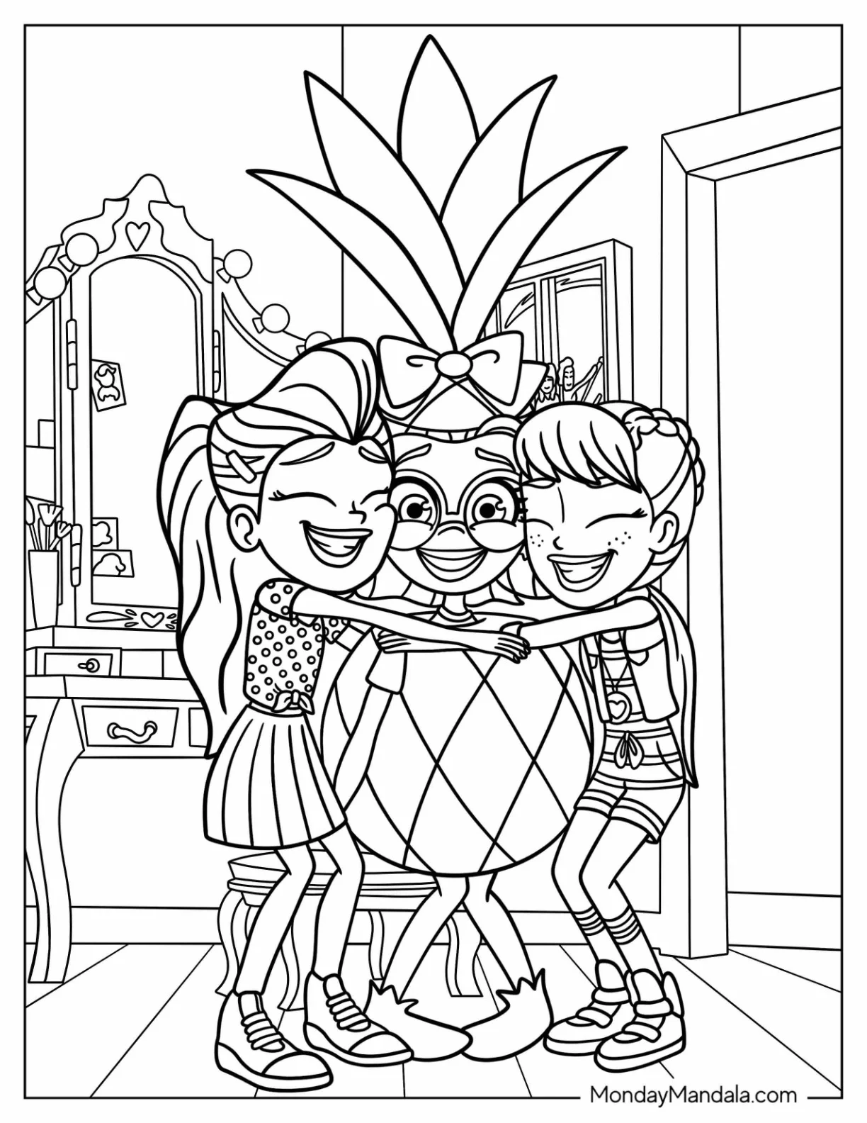 Polly Pocket Coloring Page And Lila Hugging Shani In Pineapple Costume coloring page — printable line art