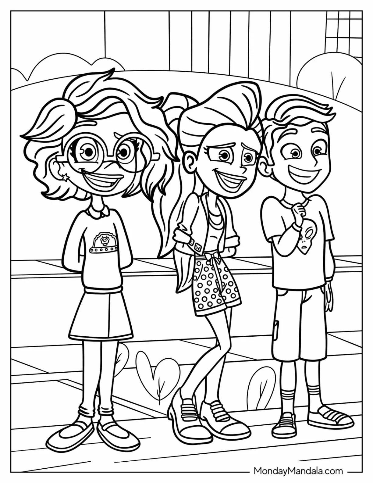 Polly Pocket Coloring Page Of Shani Smith, Lila Draper, And Nikolas Wells Grinning coloring page