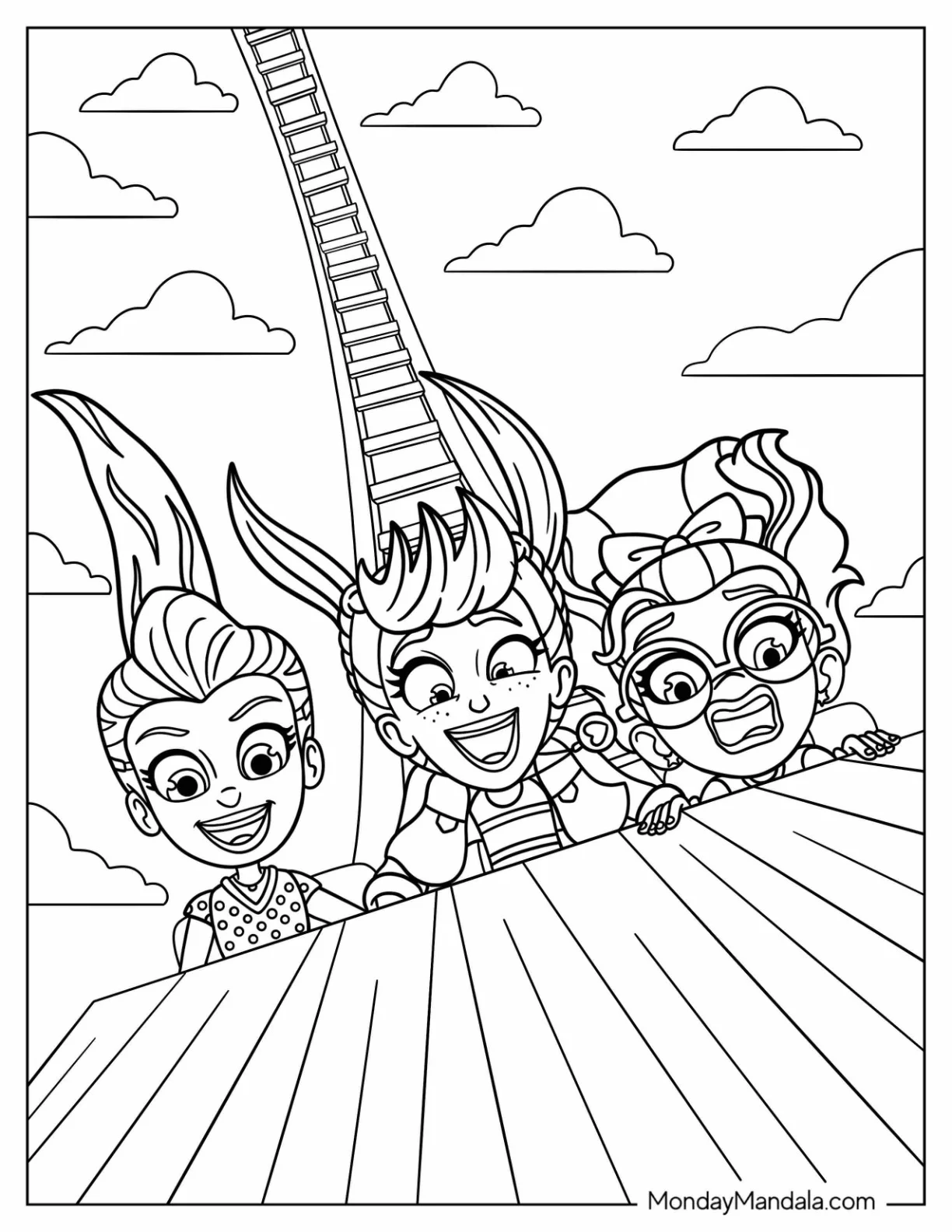 Polly Pocket Coloring Page Riding Rollercoaster With Lila And Shani coloring page — printable line art