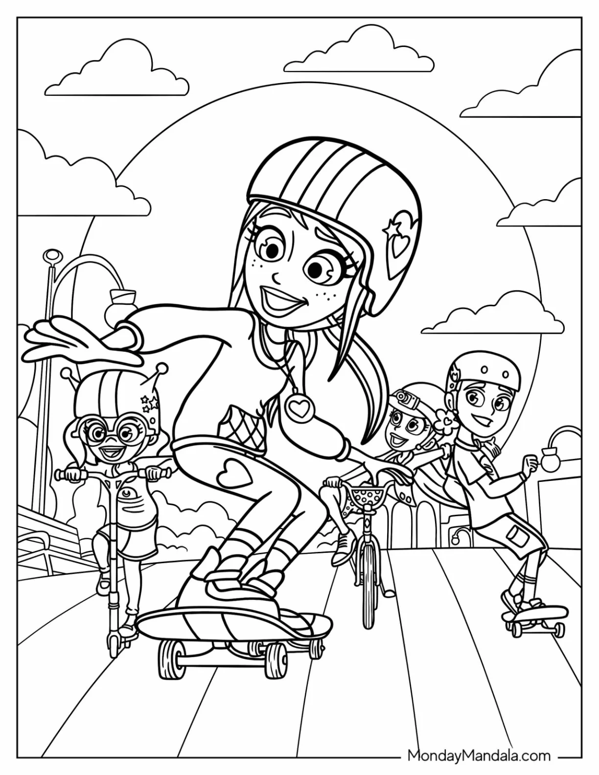 Polly Pocket Coloring Page Skateboarding With Nikolas, Lila, And Shani coloring page