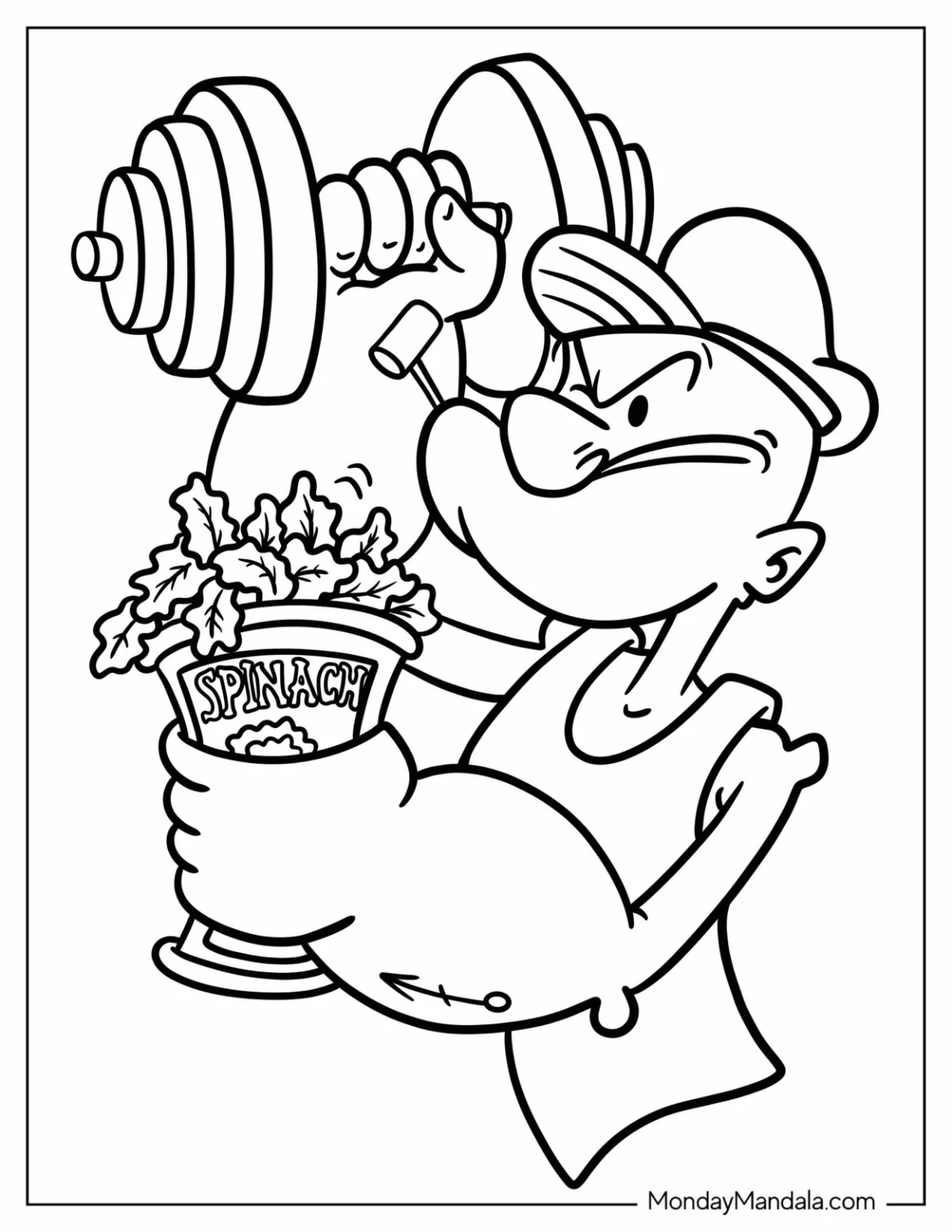 Easy Popeye Coloring Page Lifting Dumbbell While Holding Spinach For Kids coloring page