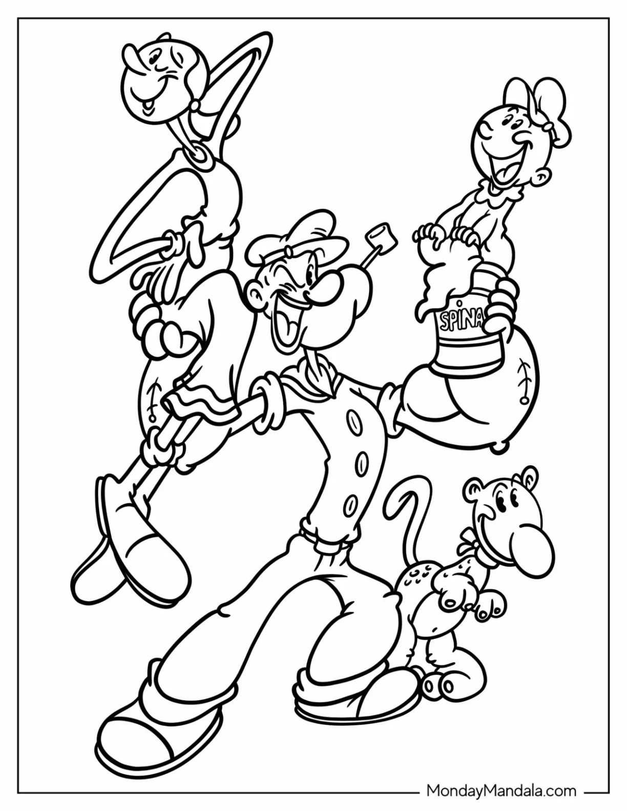 Popeye Coloring Page Carrying Swee Pea, Eugene, And Olive Oyl coloring page