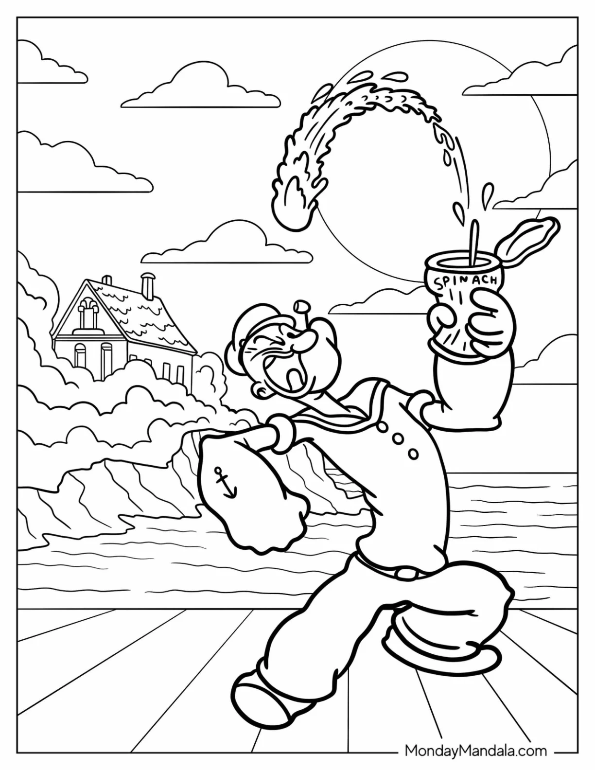 Popeye Coloring Page Catching Spinach With His Mouth coloring page
