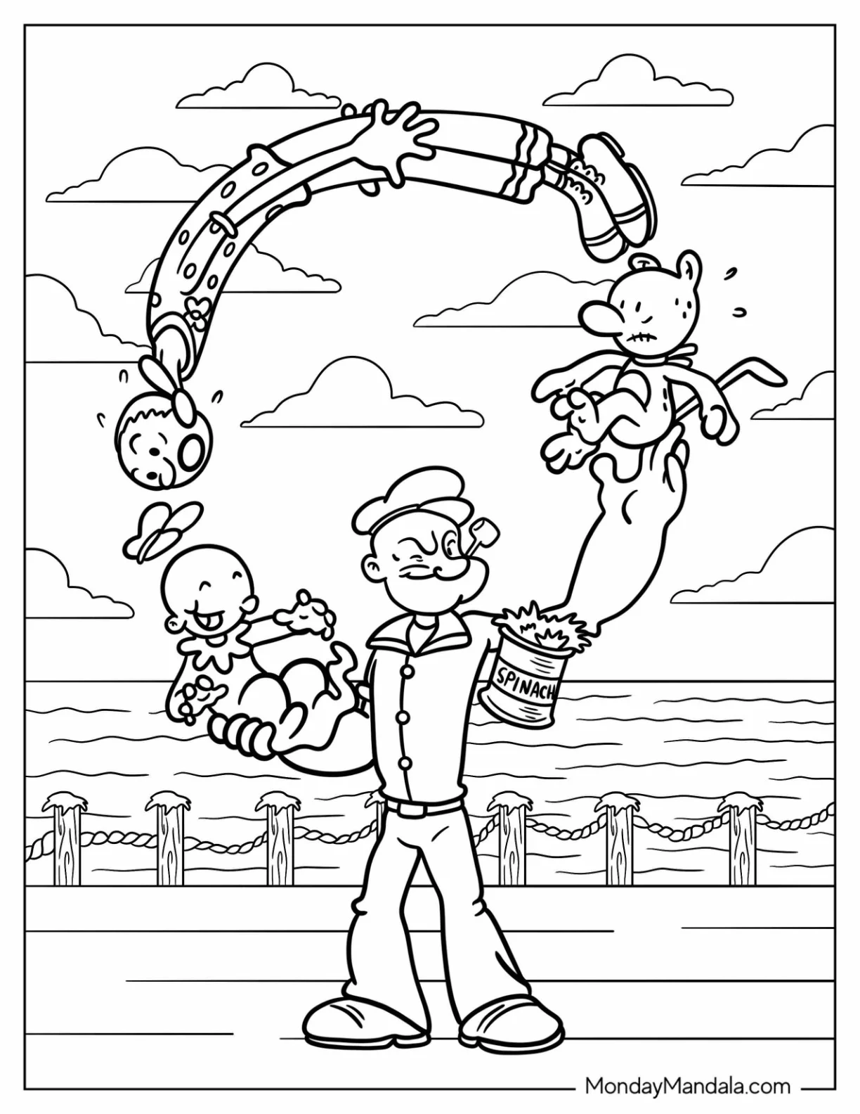 Popeye Coloring Page Juggling Eugene, Olive Oyl, And Swee Pea coloring page