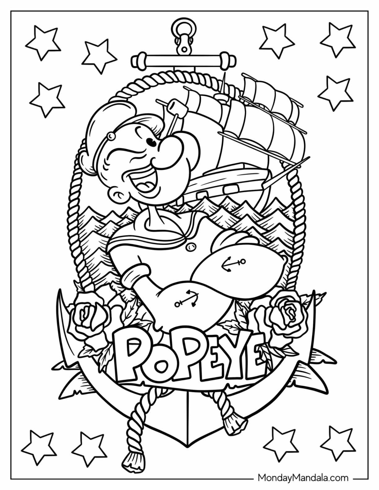 Popeye Coloring Page The Sailor Man Logo With Ship And Roses coloring page