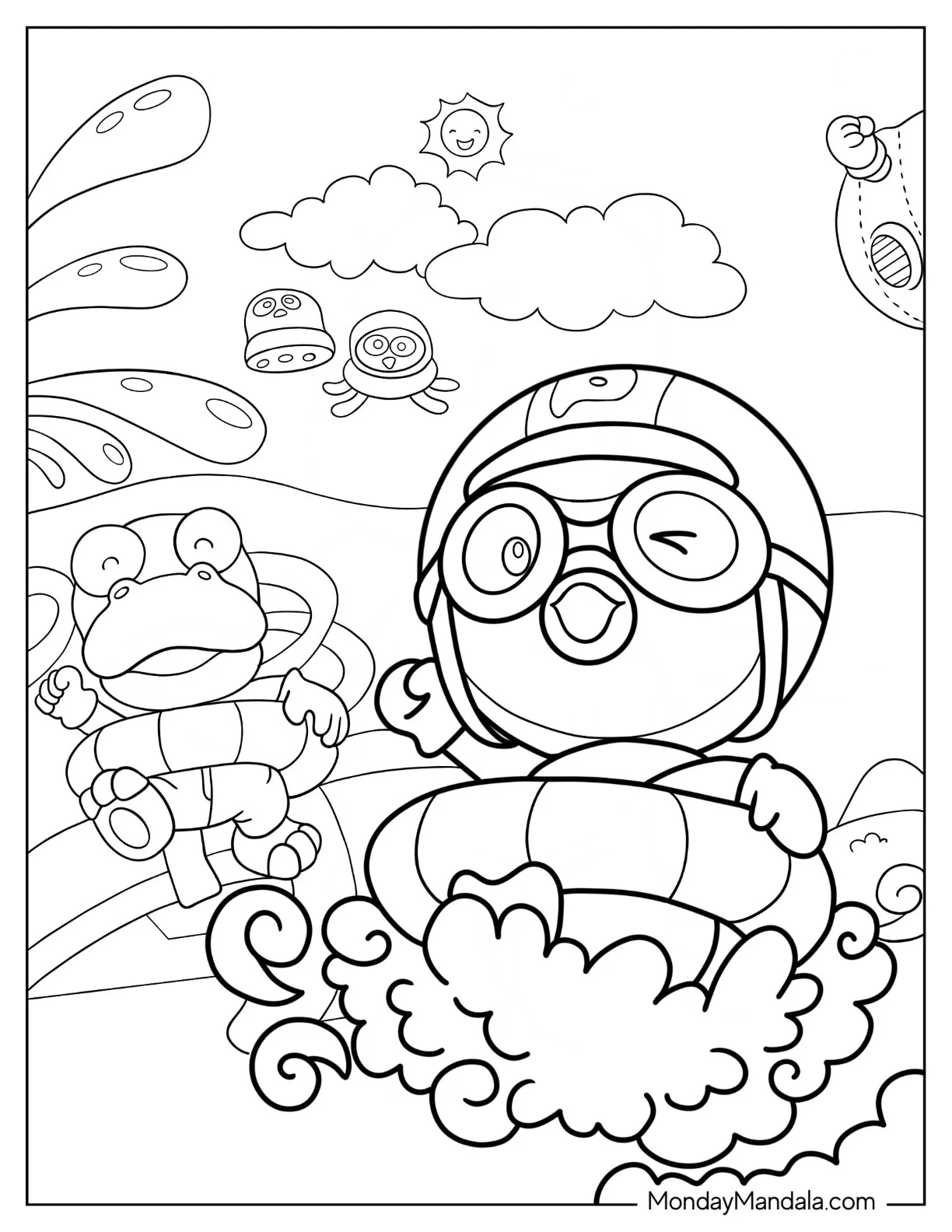 Cute Pororo Coloring Page And Crong Splashing In Swimming Pool coloring page