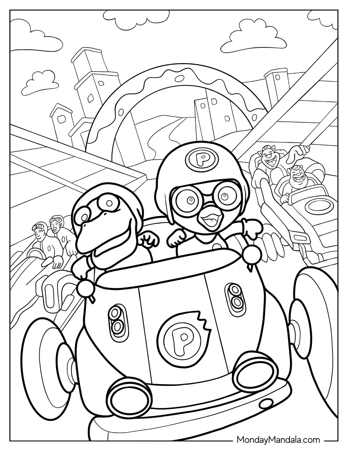 Detailed Pororo Coloring Page Of Crong In A Race Car coloring page