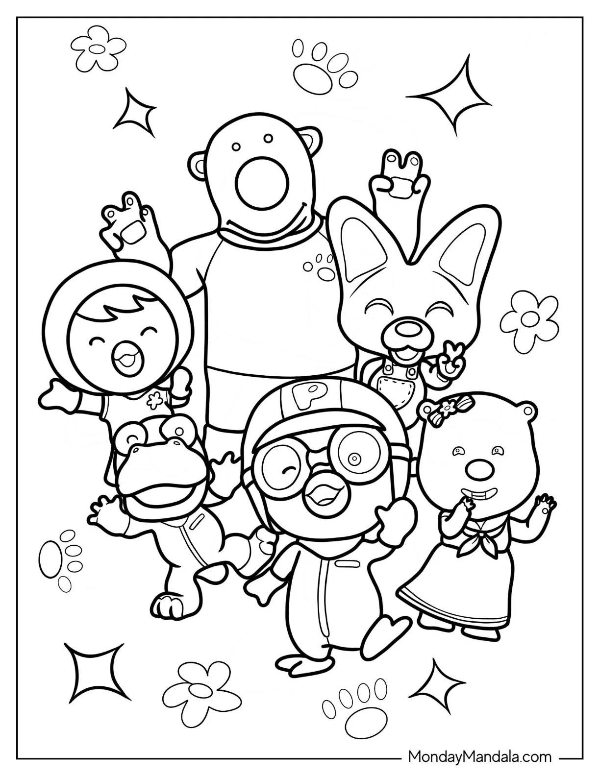 Happy Pororo Coloring Page Of Loopy, Eddy, Petty, Crong, And Poby coloring page
