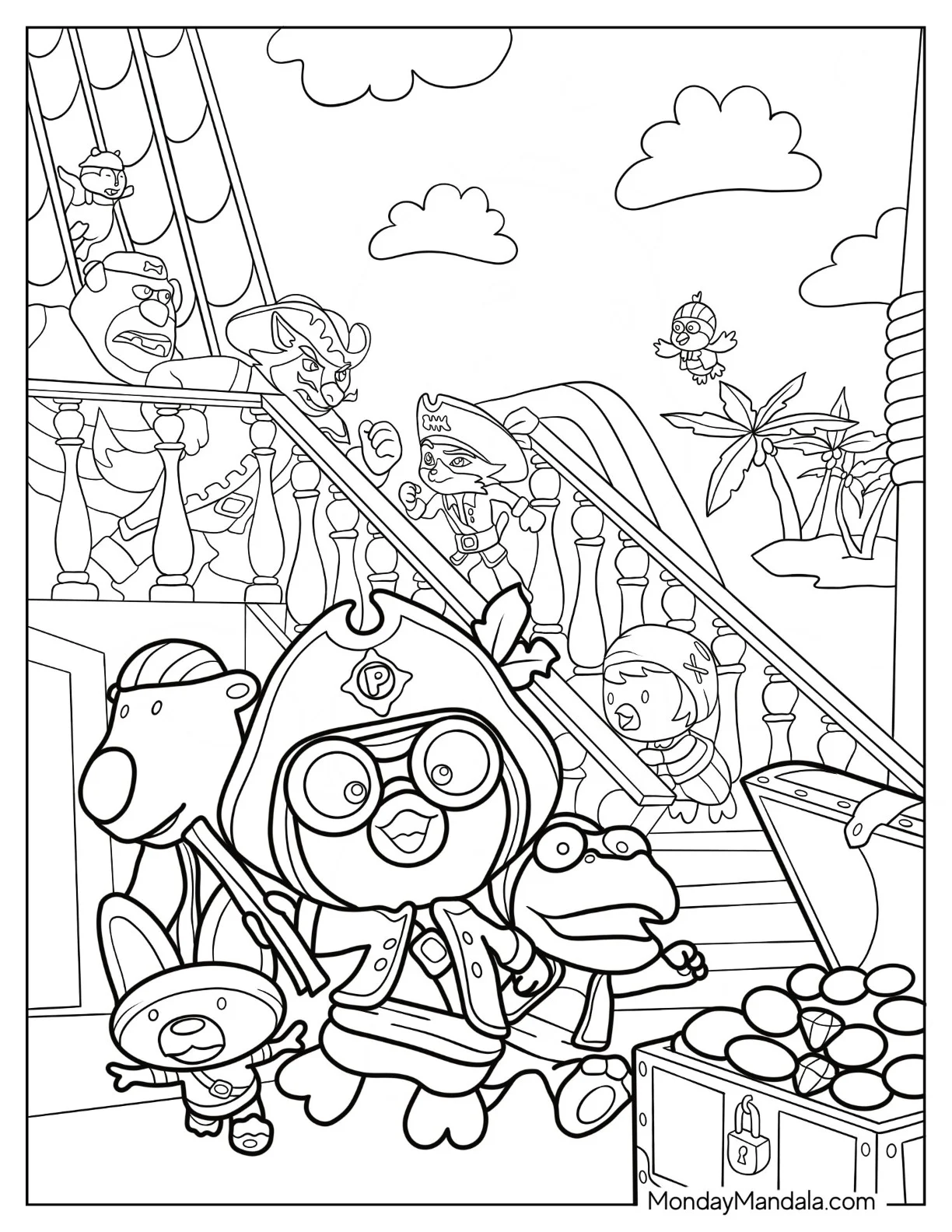 Pirate Pororo Coloring Page Eddy, Poby, Crong, And Friends In Pirate Ship For Kids coloring page
