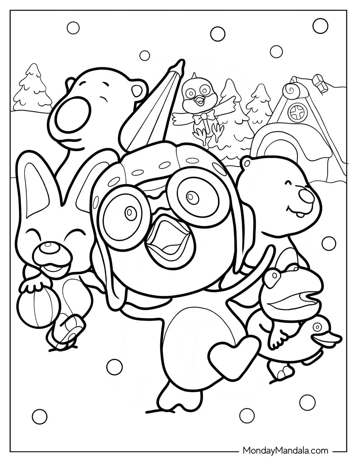 Pororo Coloring Page Of Eddy, Poby, Loopy, And Crong Playing In The Snow coloring page