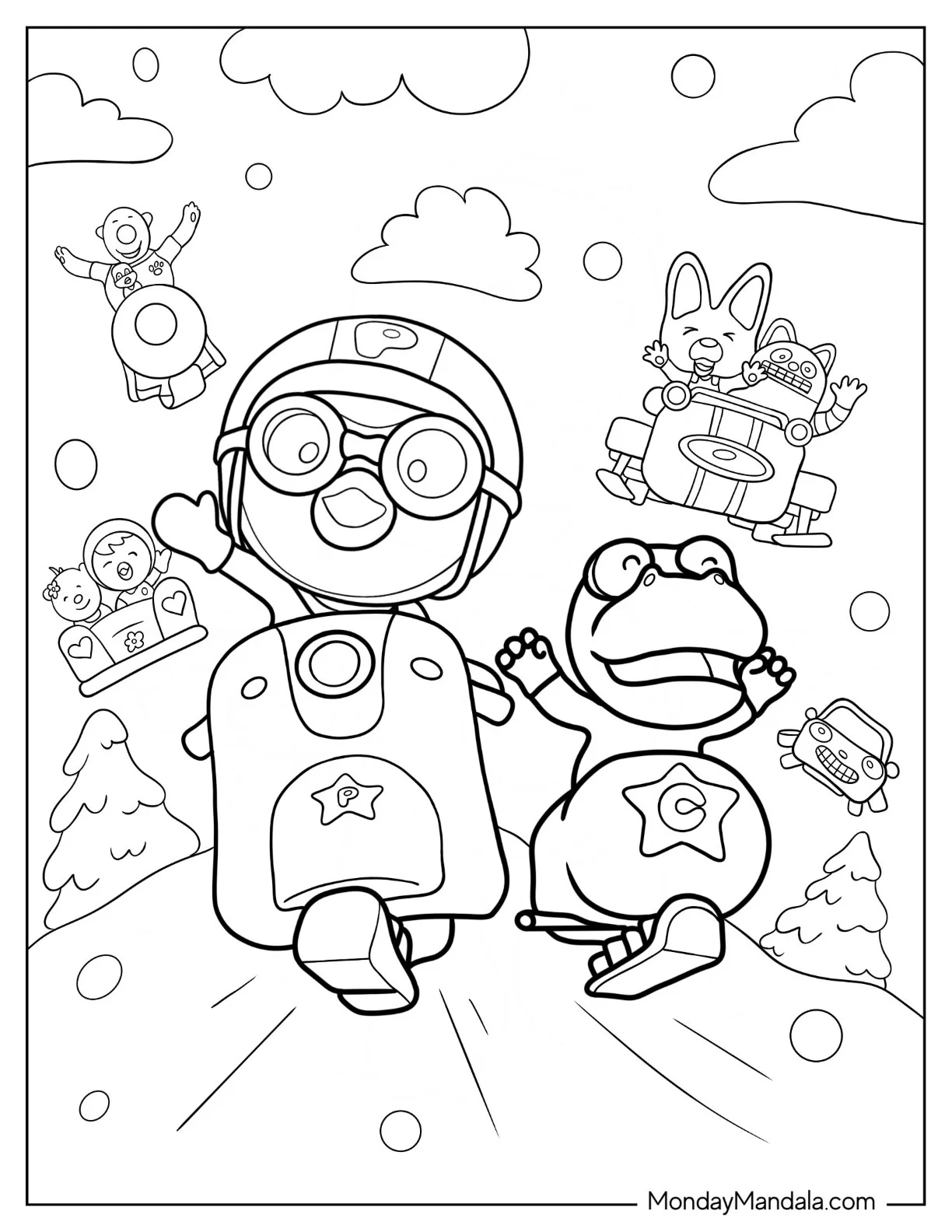 Pororo Coloring Page Of Friends Riding Flying Vehicles coloring page