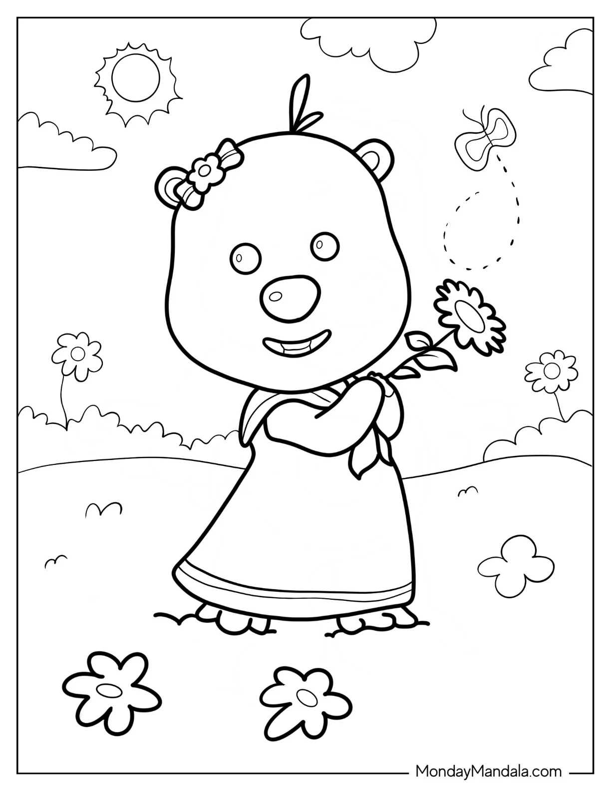 Pororo Coloring Page Of Kawaii Loopy In A Dress Holding Flower For Preschoolers coloring page