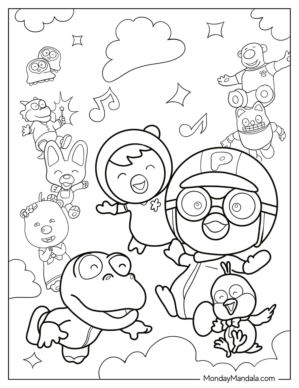 Pororo Coloring Page Of Petty, Crong, Harry, Tongtong, Eddy, Poby, Rody, And Loopy coloring page