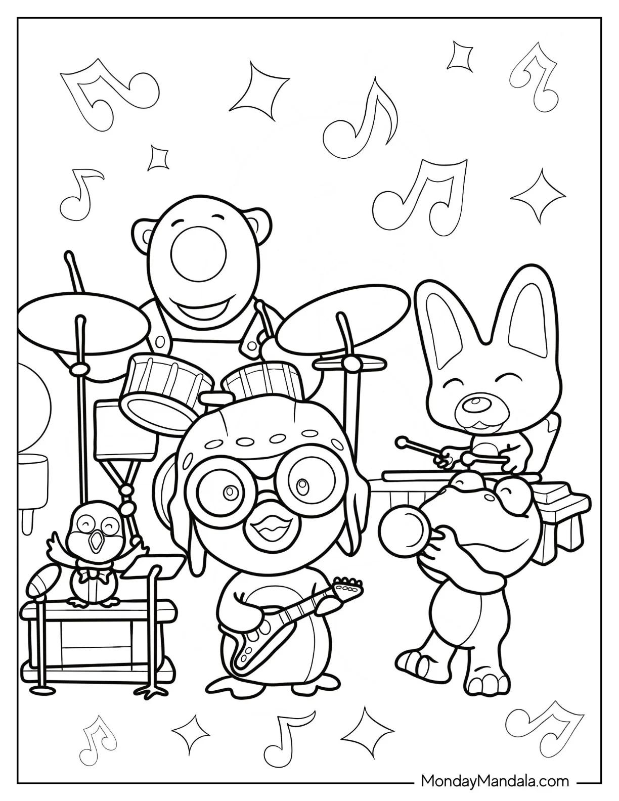 Pororo Coloring Page Playing In A Band With Harry, Crong, Eddy, And Poby coloring page