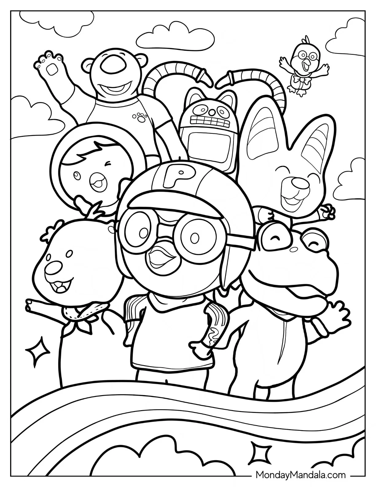 Pororo Coloring Page Surrounded By Poby, Harry, Rody, Eddy, Loopy, Petty, Crong, And Tongtong For Kids coloring page